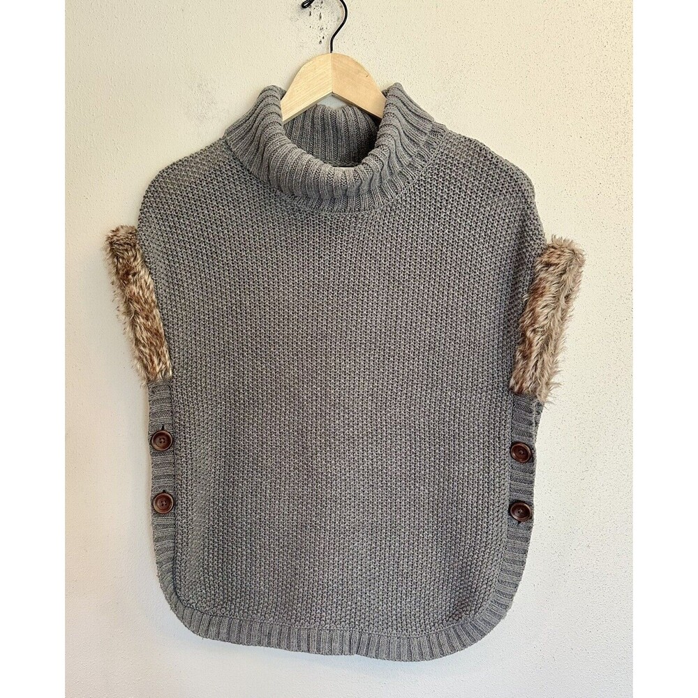 Aspen Kids Turtleneck Poncho Sweater Gray Moss Stitch Faux Fur Youth Size 10/12‎
